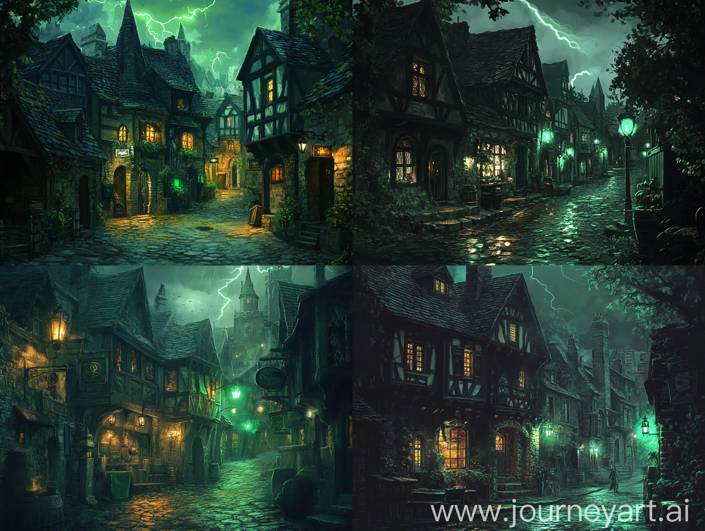 Medieval-Fantasy-City-Night-Scene-with-Taverns-and-Green-Lights