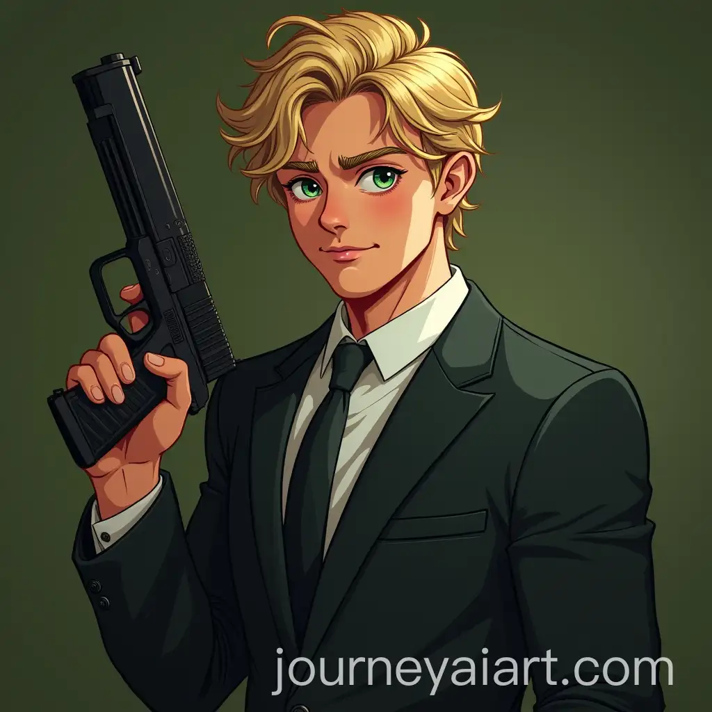 Young-Man-in-Suit-Holding-a-Gun-with-a-Confident-Smile