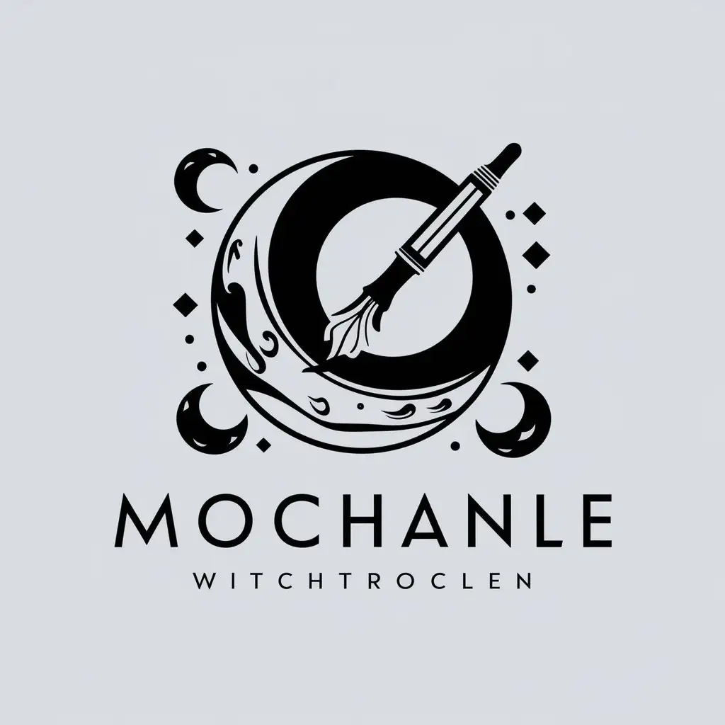 a vector logo design,with the text "Mochanle", main symbol:Fountain pen, ink bottle, ink stain. Waning moon,complex,be used in Technology industry,clear background