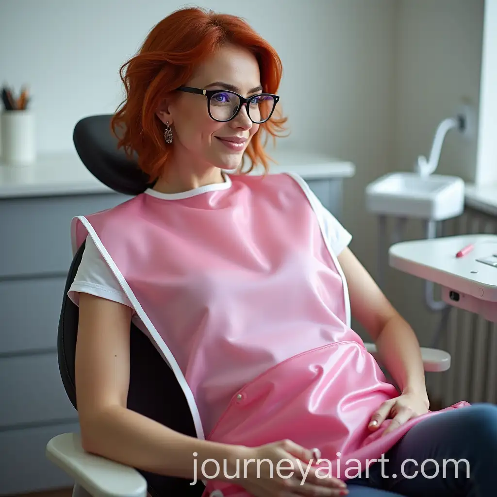Woman-with-Red-Hair-Wearing-Transparent-Pink-PVC-Mealtime-Bib-in-Dentist-Chair