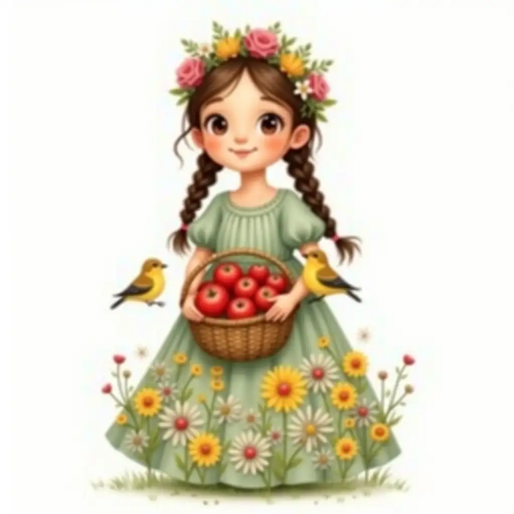 A young girl with fair skin and long brown hair, braided, decorated with a flower crown. Her expressive, big brown eyes look gently forward, and her smile radiates happiness. She is wearing a light full-length princess-style dress, the color of sage, richly decorated with many flowers: roses, yellow dandelions, daisies and other inflorescences. The colors are bright and cheerful, the fabric of the dress seems smooth and flowing. She holds a basket filled to the brim with red apples. Two cuckoo birds are visible on the sides of it. The snow-white background highlights the girl's figure. The overall style is a classic children's illustration.