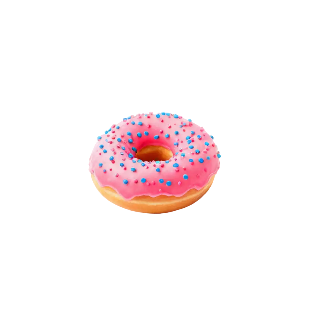 Cute donut with pink frosting and sprinkles, happy face, kawaii cartoon sticker style, isolated object, thick outline, pastel colors, transparent background, 4K