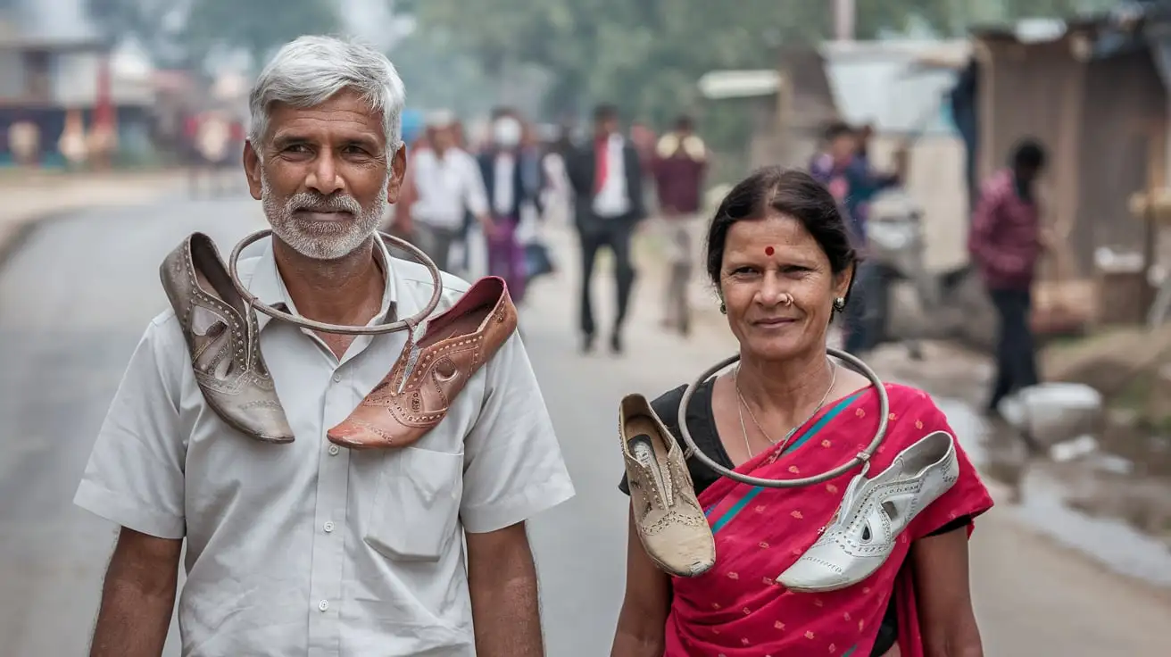 Indian Mature Couple Walking with Original Shoe Necklace in Village