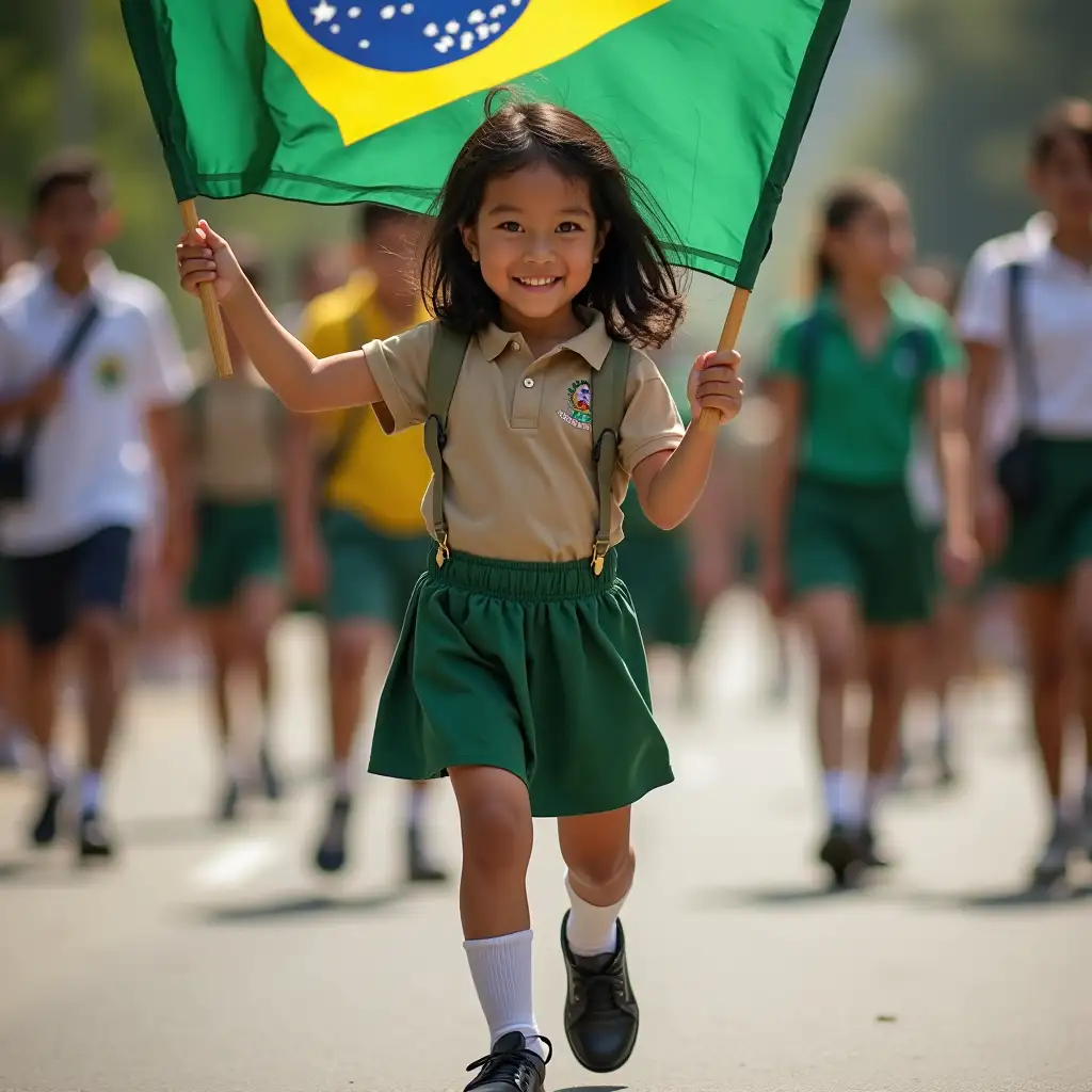 girl 16 years old, brown skinned, medium black hair, filipino eye shaped, wearing green skirt, khaki shirt, white socks, black school shoes, holding a brazil flag in a day parade.