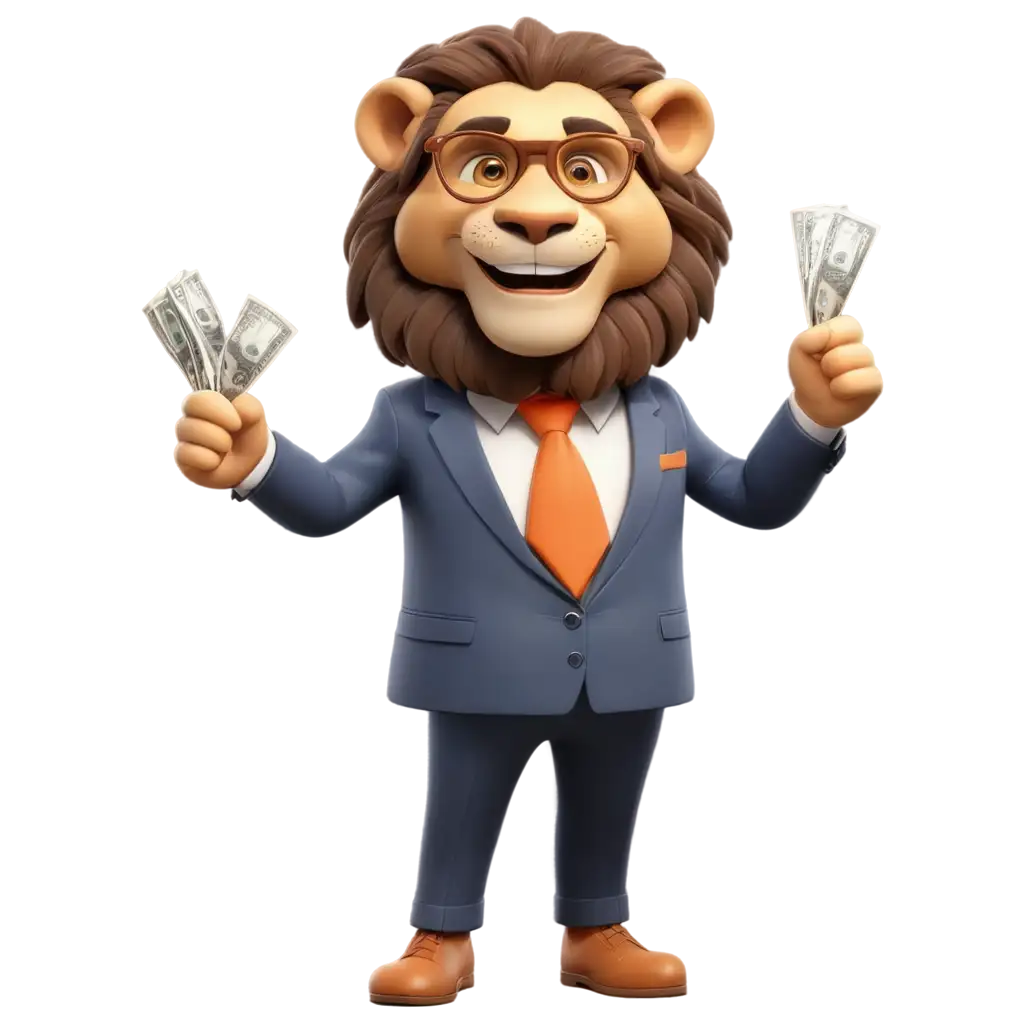 Smiling-Lion-3D-Cartoon-in-Business-Suit-with-Aviator-Glasses-and-Money-PNG-Image