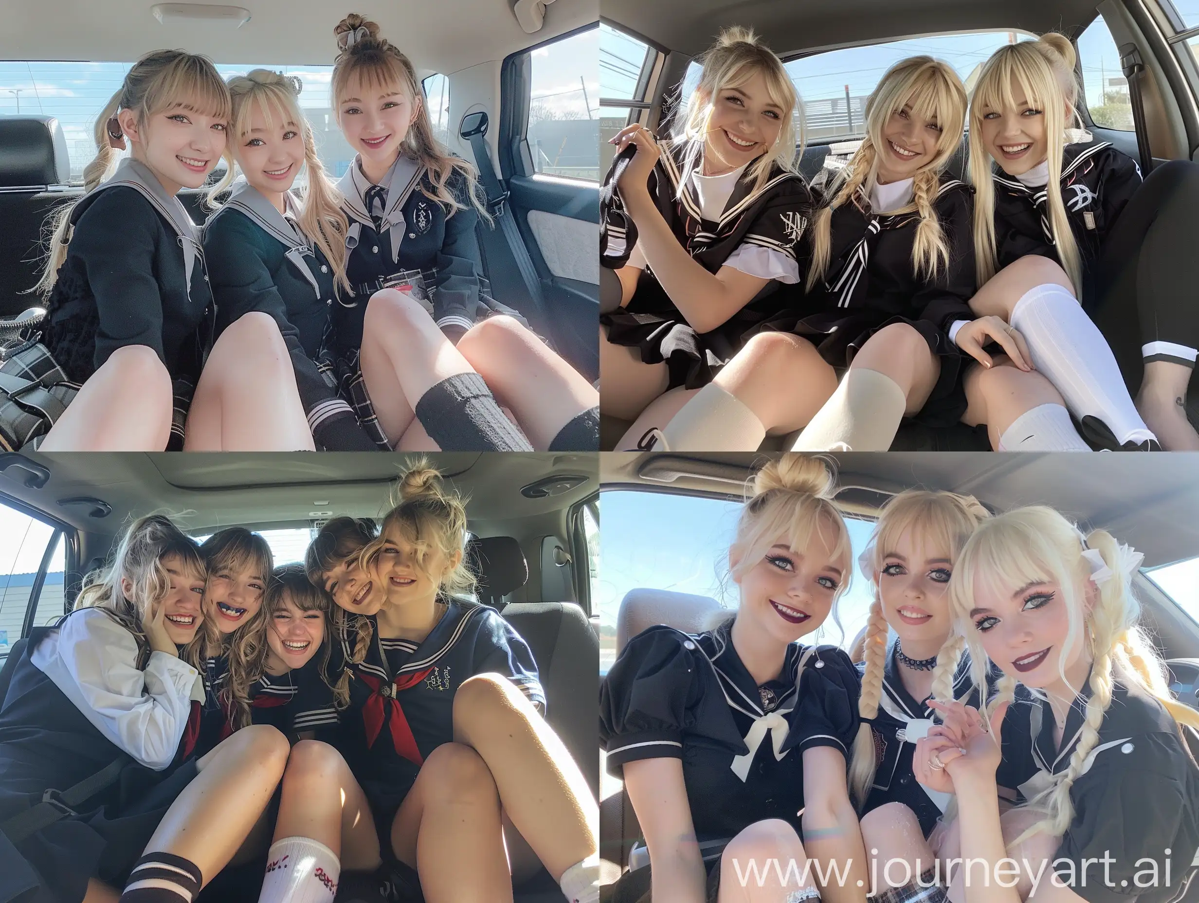 Three-American-Girls-in-Black-Seifuku-Uniforms-Smiling-Inside-Car