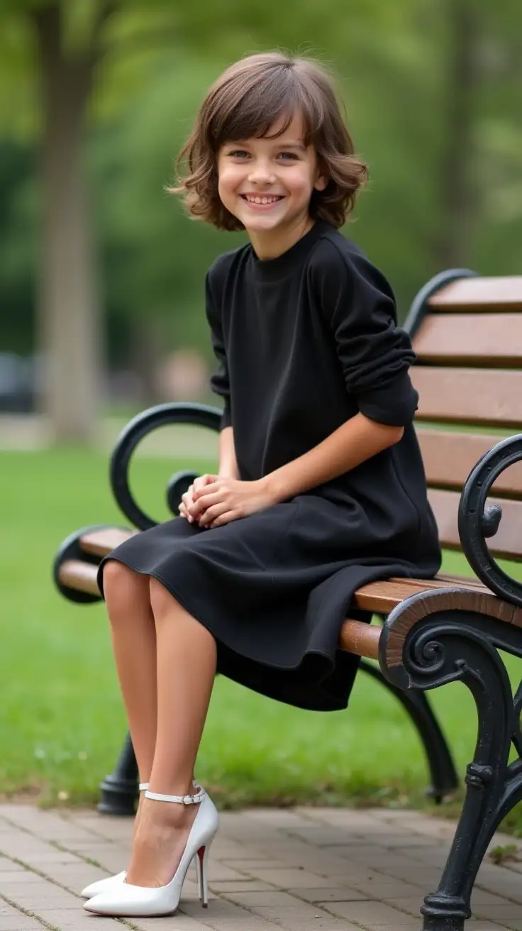 Young-Boy-in-Black-Dress-and-White-Stiletto-High-Heels-Sitting-on-Park-Bench-Smiling