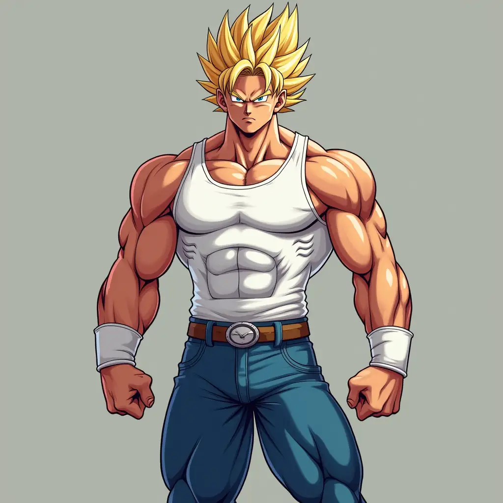 Create a photo of San Goku wearing blue jeans and a white weightlifting tank top