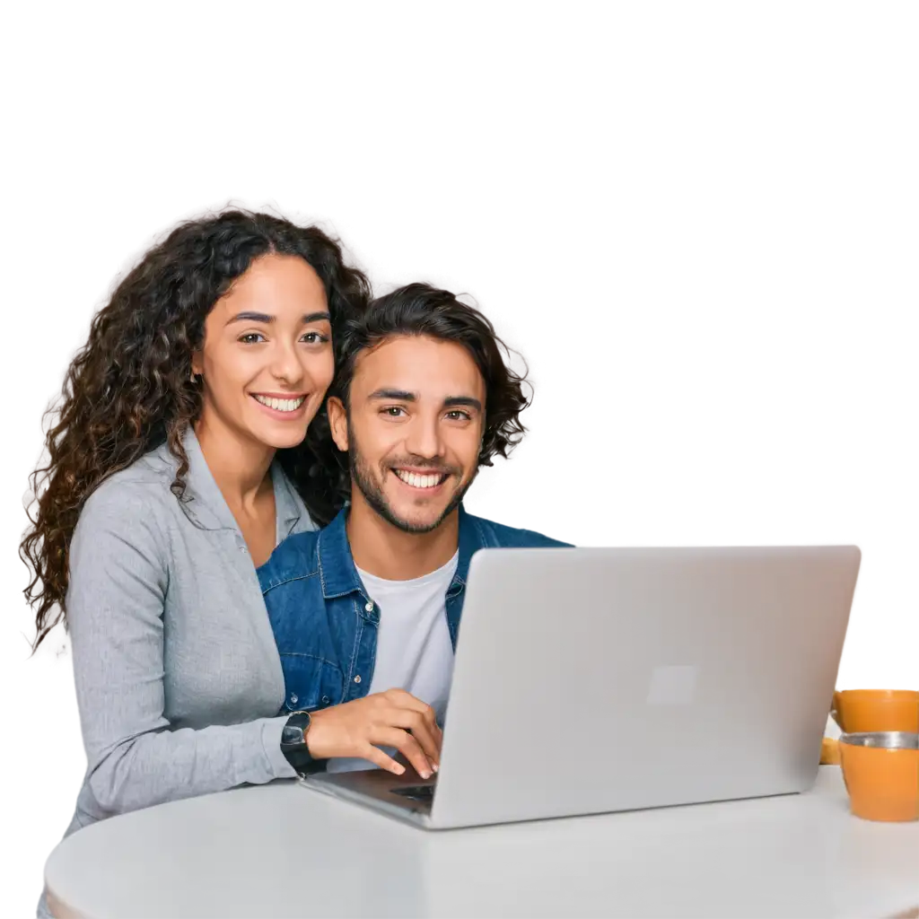 a happy young Hispanic couple sitting at a table with a laptop taking an online marriage class.