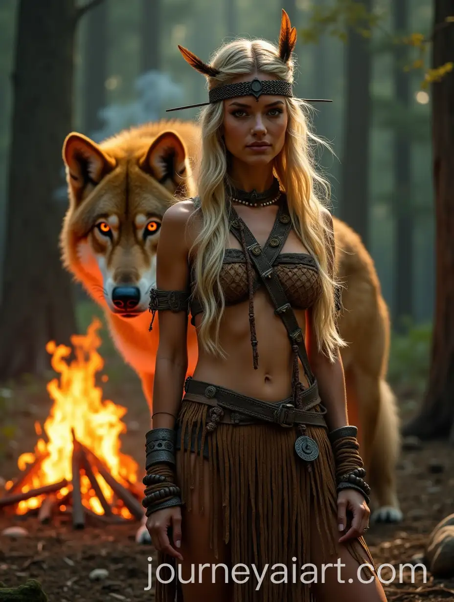 Mystical-Tribal-Warrior-and-Golden-Wolf-in-Enchanted-Forest