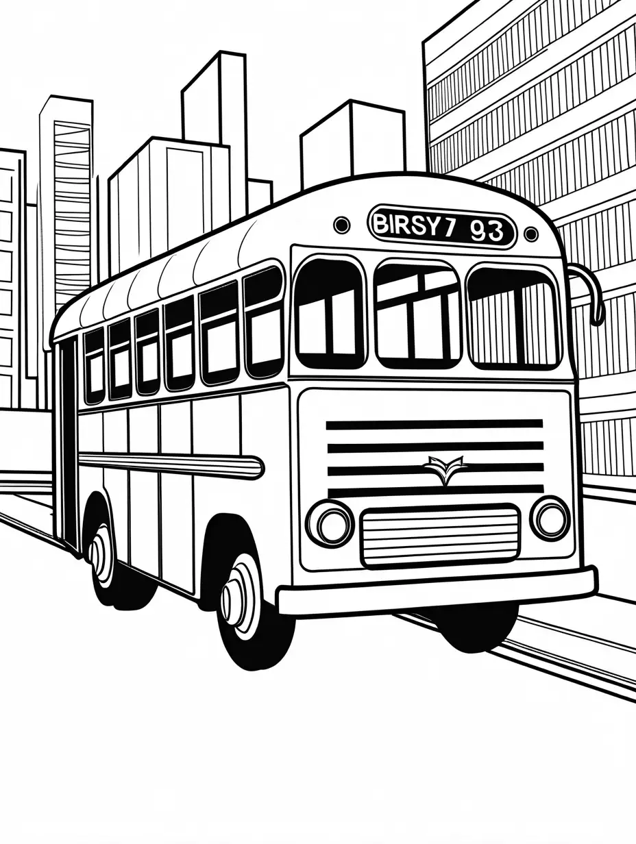 simple line art illustration of a bus in a black and white coloring book page style, Coloring Page, black and white, line art, white background, Simplicity, Ample White Space. The background of the coloring page is plain white to make it easy for young children to color within the lines. The outlines of all the subjects are easy to distinguish, making it simple for kids to color without too much difficulty