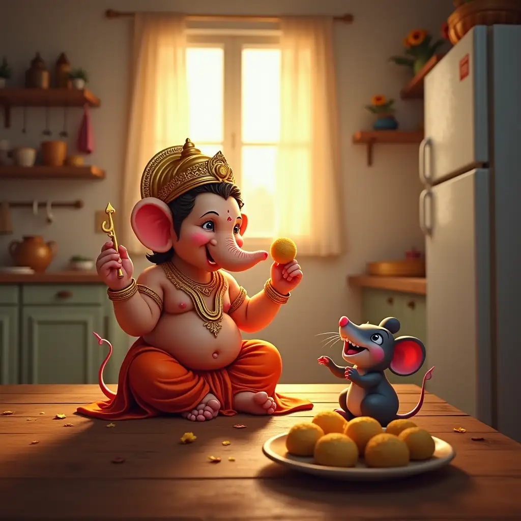 A realistic depiction of the Hindu deity Ganesha joyfully eating a modak in a cozy kitchen during the morning. Ganesha is accompanied by a playful mouse, who is sitting nearby. The scene captures the warm and peaceful atmosphere of a home kitchen, with morning light streaming in through a window. The kitchen is simple, with traditional Indian elements, and the overall mood is cheerful and serene. hyper-realistic