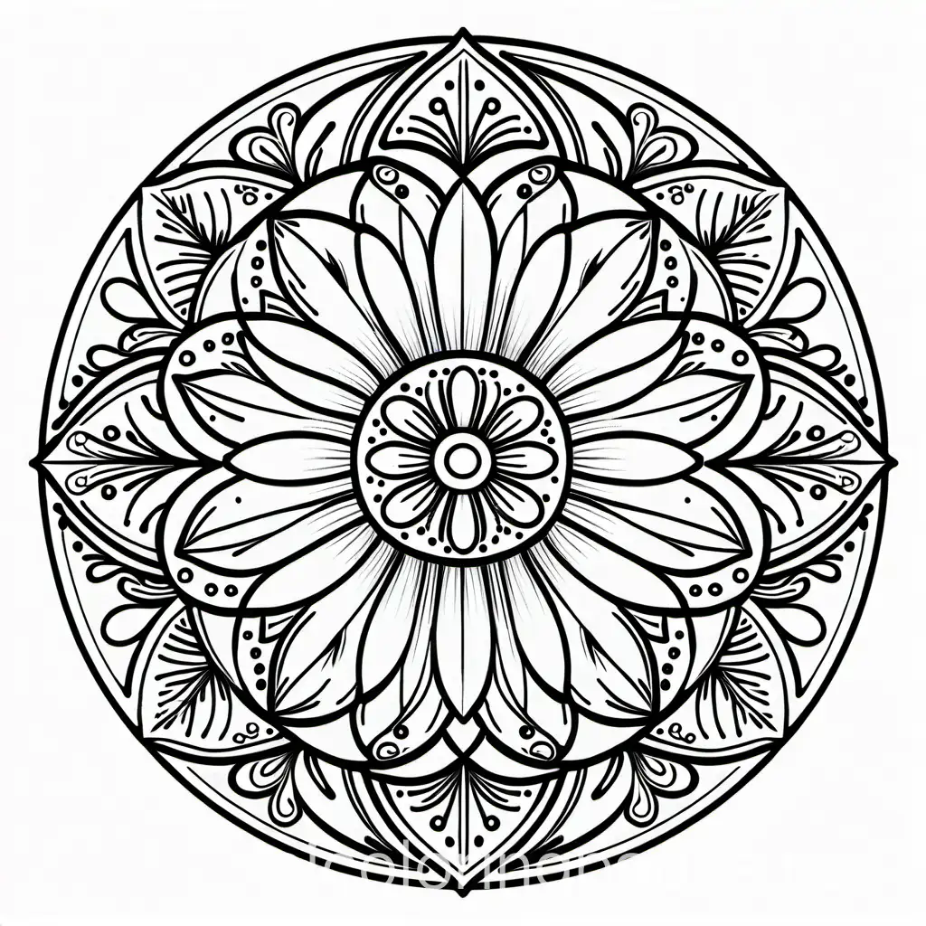 Beautiful Doodle with central flower and surrounding shape-black and white, line art, white background, Simplicity, Ample White Space. The background of the coloring page is plain white to make it easy for young children to color within the lines. The outlines of all the subjects are easy to distinguish, making it simple for kids to color without too much difficulty, Coloring Page, black and white, line art, white background, Simplicity, Ample White Space. The background of the coloring page is plain white to make it easy for young children to color within the lines. The outlines of all the subjects are easy to distinguish, making it simple for kids to color without too much difficulty