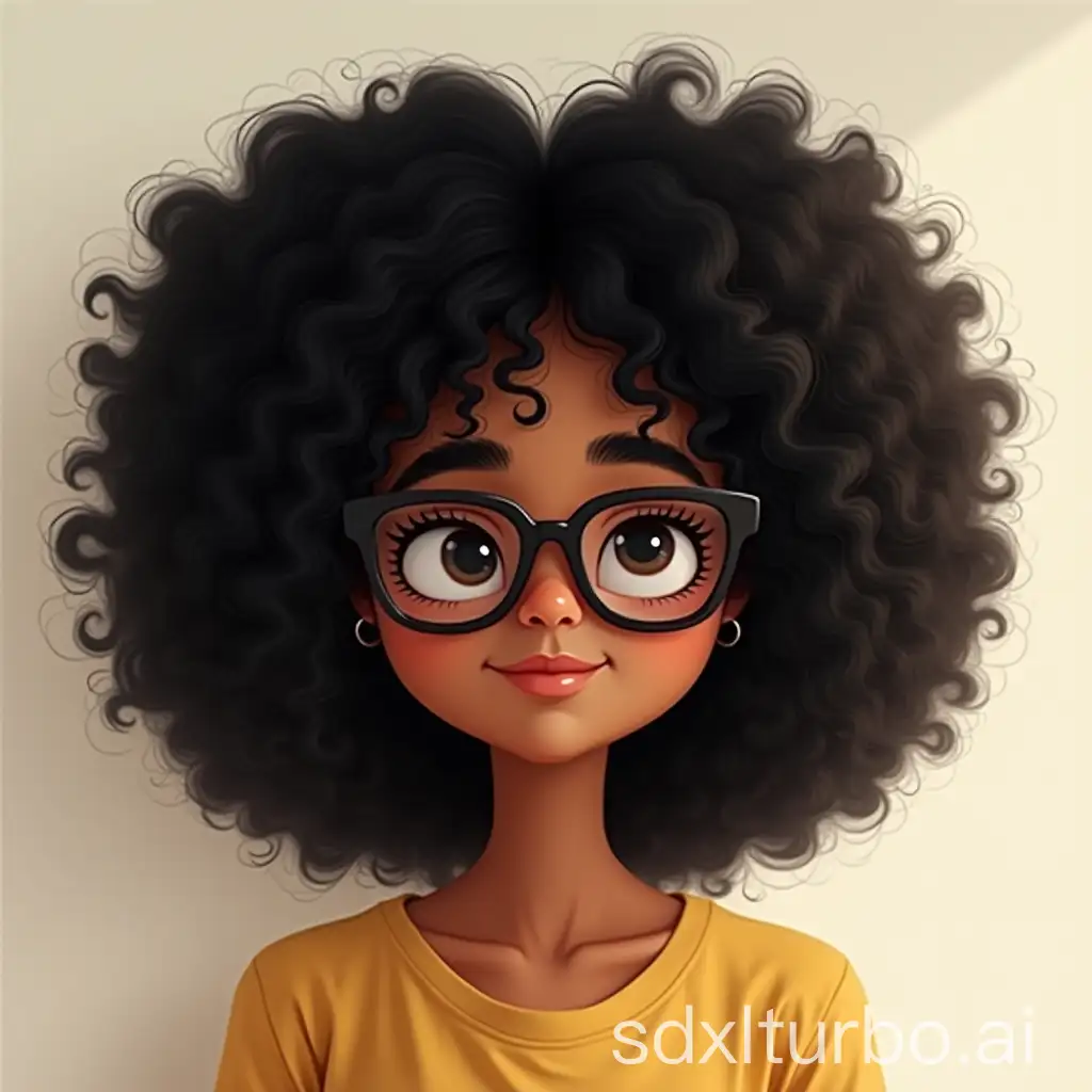 a girl with curly black hair and glasses with a light brown skin color