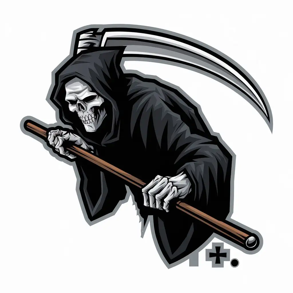 LOGO Design for Grim Reaper Pool Realistic Grim Reaper with Scythe Playing Pool on White Background