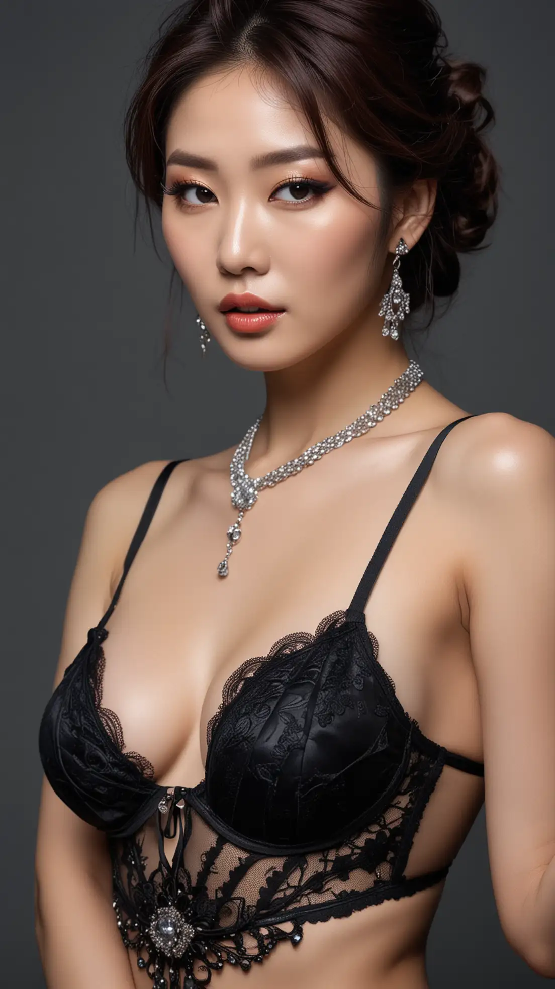 Korean-Race-Queen-Posing-in-Elegant-Black-Lingerie-with-Haute-Couture-Jewelry-and-Dramatic-Makeup