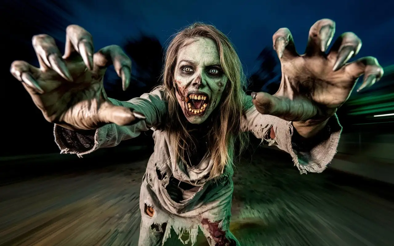 Rotten-Zombie-Woman-Attacking-in-FirstPerson-View-at-Night