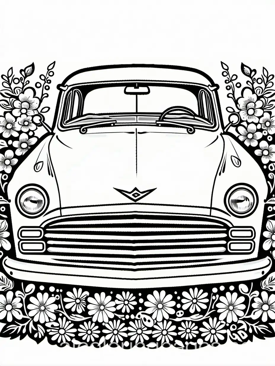 Car-with-Emerging-Flowers-Coloring-Page-Black-and-White-Line-Art