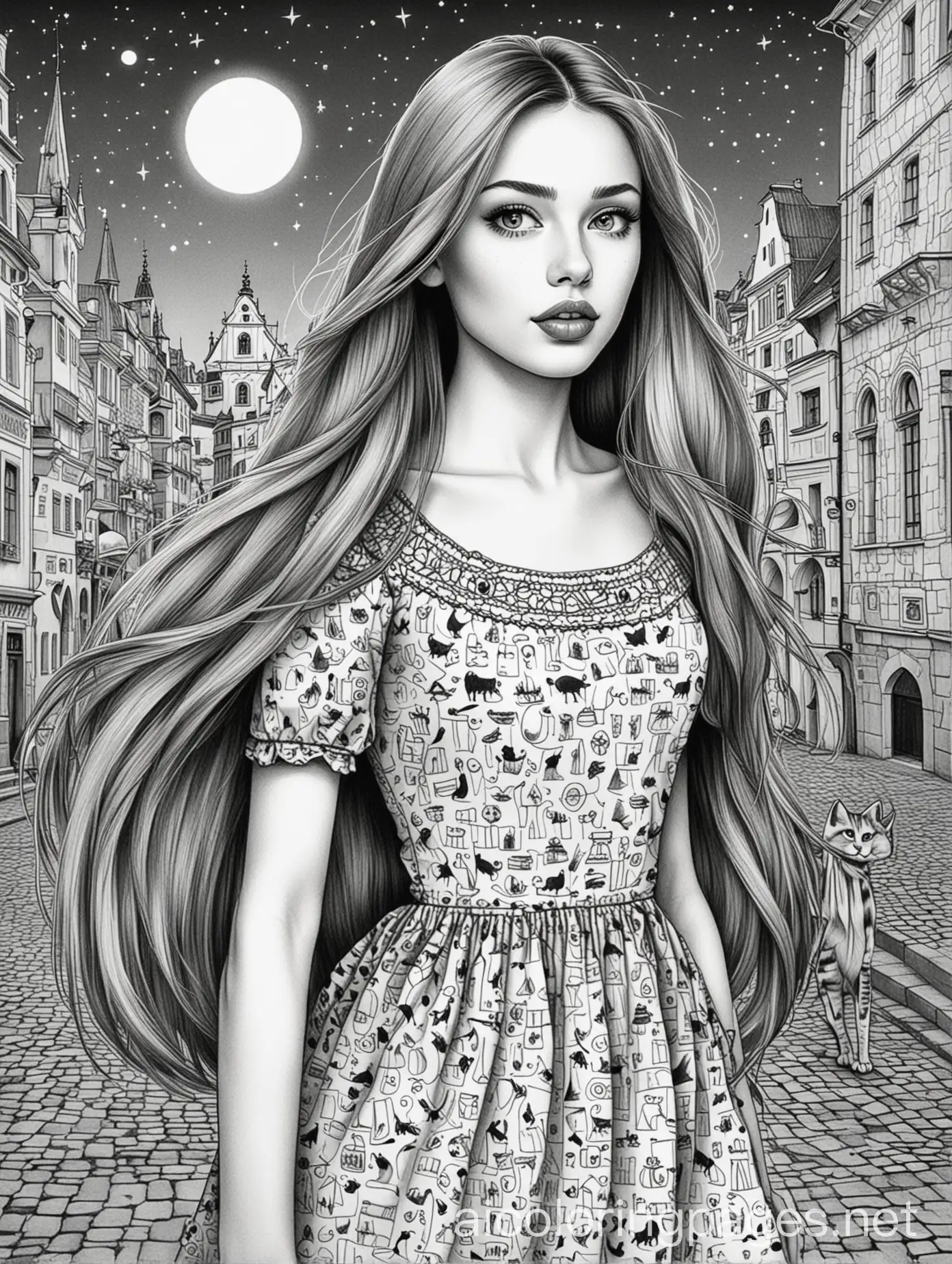 Young-Woman-with-Very-Long-Straight-Hair-in-Summer-Spark-Dress-at-Night-Prague