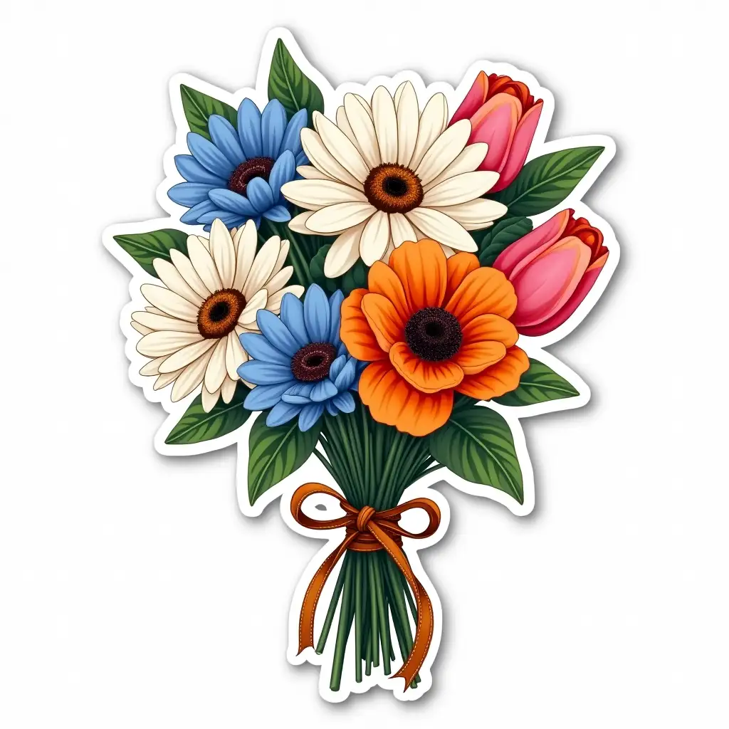 A vibrant, hand-drawn digital illustration of a bouquet of flowers featuring daisies, poppies, and tulips. The bouquet is tied together with a rustic bow. The flowers are in bright and contrasting colors, including white, blue, orange, and pink, with deep green leaves. The illustration has a clean, modern, sticker-like outline with a white border. The style is bold, detailed, and slightly stylized, resembling a high-quality vector or sticker design.