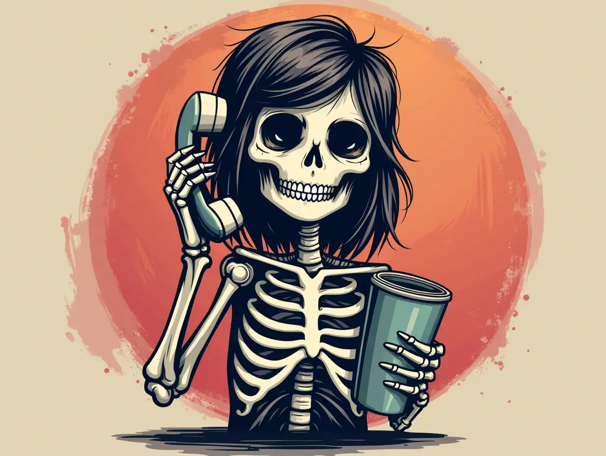 Vector. Create a tumbler design with a skeleton girl holding a phone and the text 'I'm not a person you can put on speaker phone off' saddle point