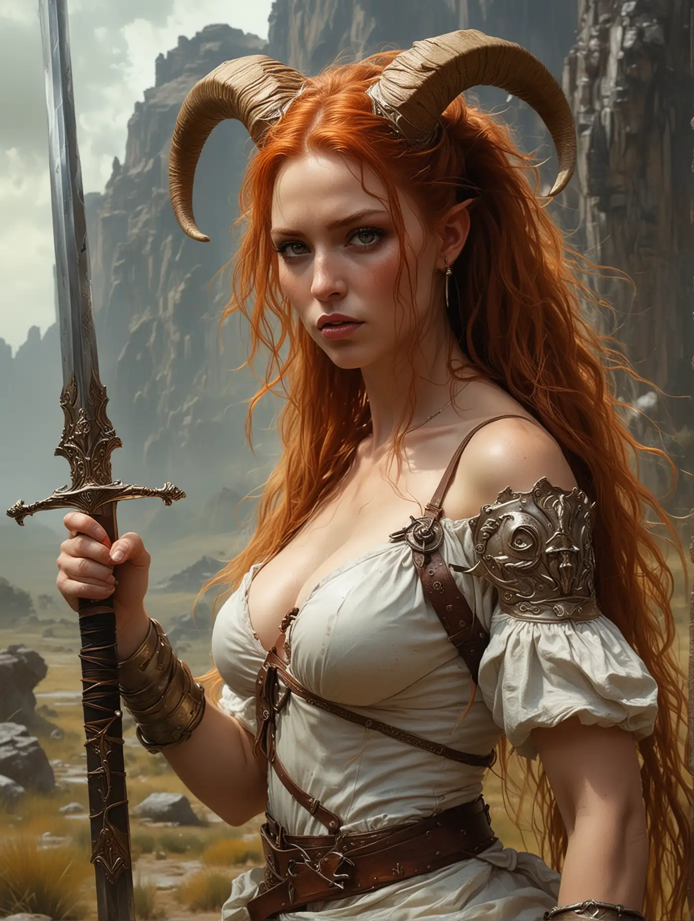 Beautiful-Warrior-Female-with-Rams-Horn-Sword-in-Savanna-Landscape