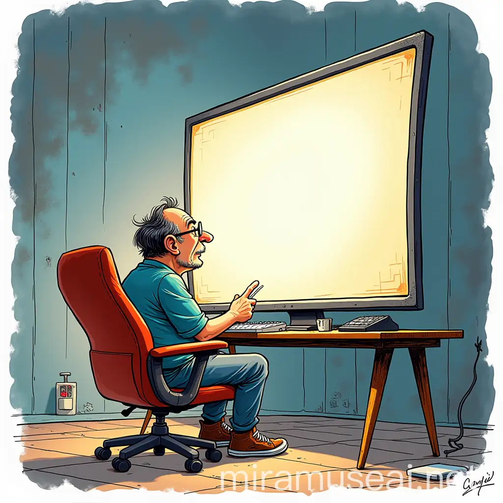 Comic Strip Large Type Sitting in Front of Giant Geek Screen Uderzo Style