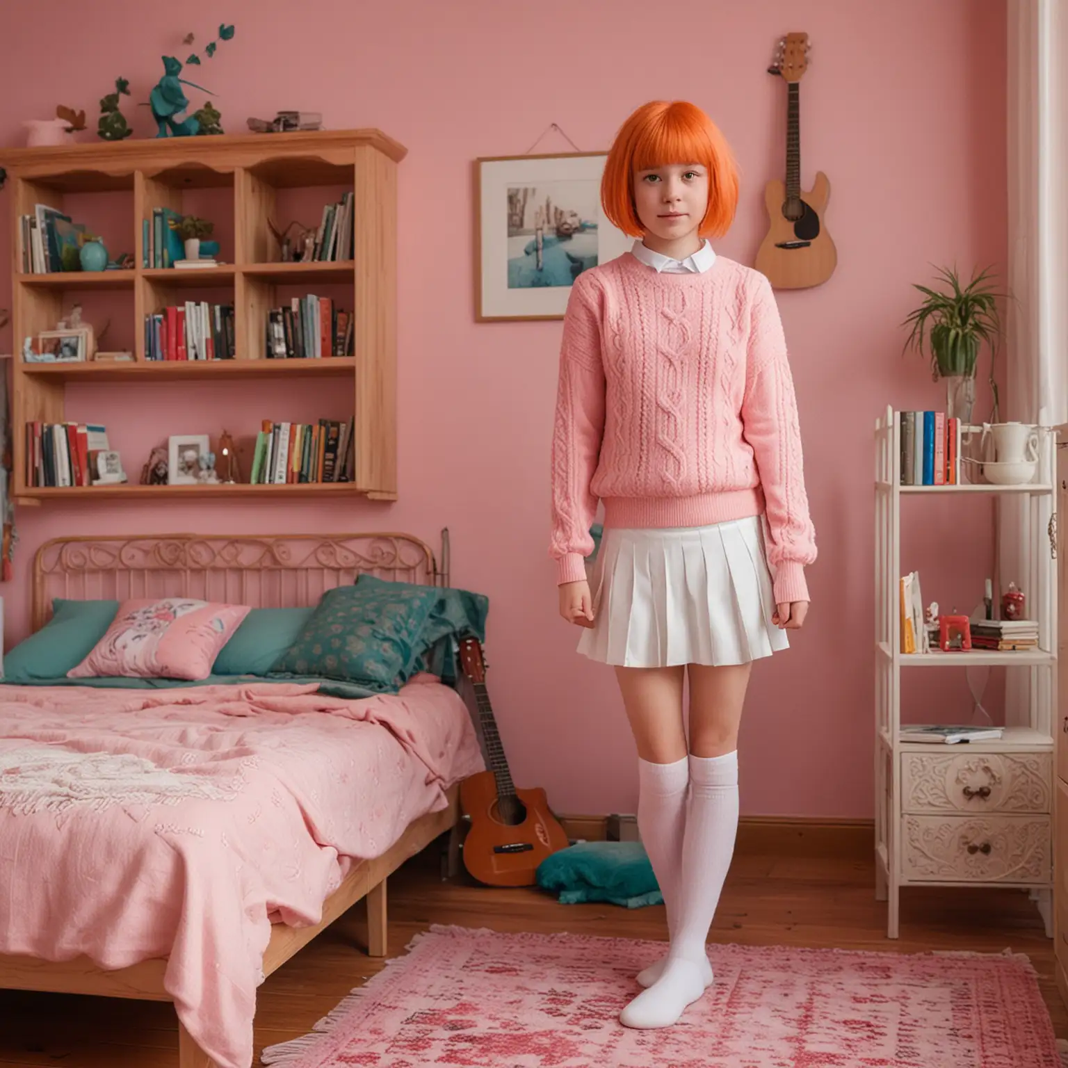 Shy-Teenage-Girl-in-Pink-Sweater-and-White-Skirt-Posing-in-a-Pink-Themed-Bedroom