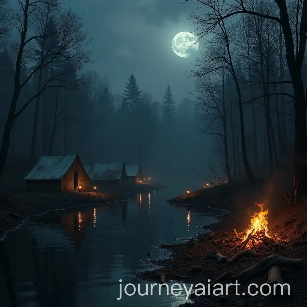 Abandoned-Camp-by-a-Dark-Still-Lake-Surrounded-by-Foreboding-Forest