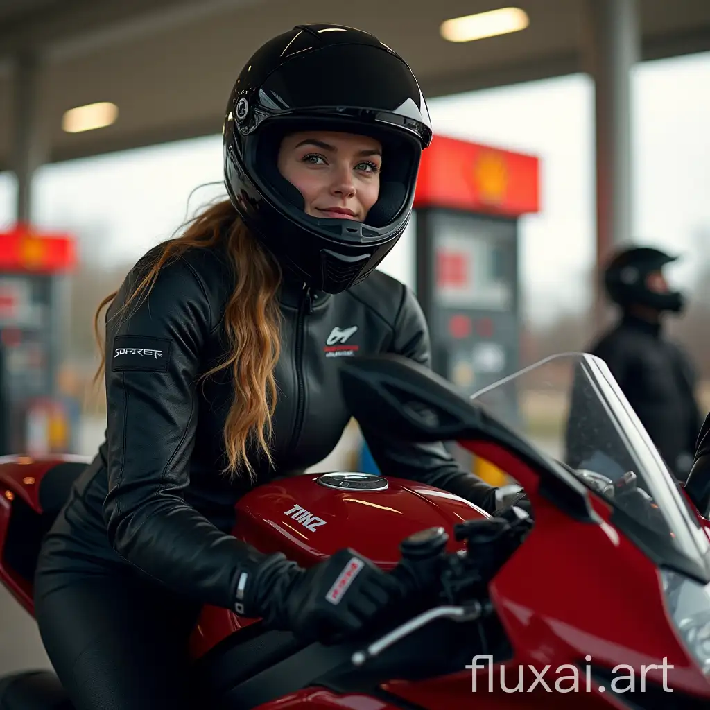 young female, wearing sportbike gear, seating on sportbike, at gas station