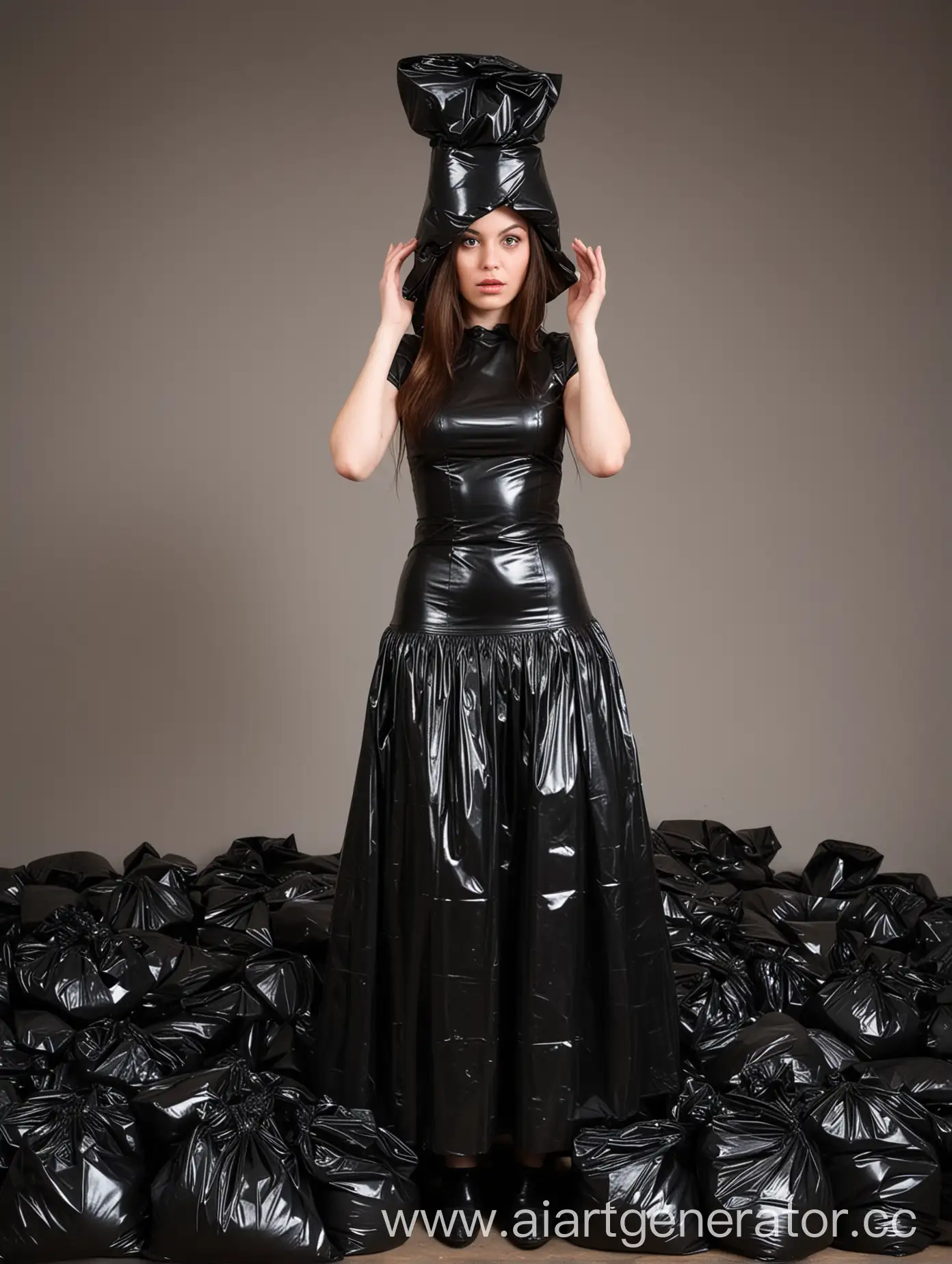 Girl-Wearing-Latex-Dress-and-Garbage-Bag-Headgear-in-Trash-Pile