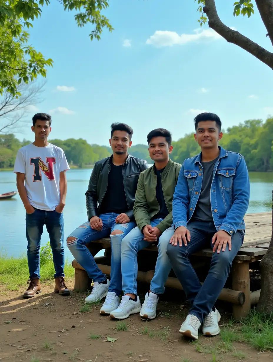 "a group of *four Indonesian men* sitting on a *wooden structure* near a *lake*. The structure is made of wood and supported by a *tree trunk*, creating a natural and rustic vibe. 

- The *first man* is wearing a *black leather jacket*, *blue ripped jeans*, and *sneakers*.
- The *second man* is wearing a *green bomber jacket*, *dark blue faded jeans*, and *sneakers*.
- The *third man* is wearing a *blue denim jacket*, *dark faded ripped jeans*, and *sneakers*.
- The *fourth man*, standing to the left of the structure, is wearing a *white "NN" graphic design t-shirt*, *brown boots*, and exudes a relaxed, confident vibe.

The *lake* is surrounded by lush *greenery*, enhancing the tranquil and serene atmosphere. A *small boat* gently floats on the water, completing the peaceful scene. The *blue sky* and a few scattered *clouds* in the distance add to the idyllic setting. 

The overall mood of the image is one of calm, relaxation, and harmony with nature, as the men enjoy the serene surroundings."