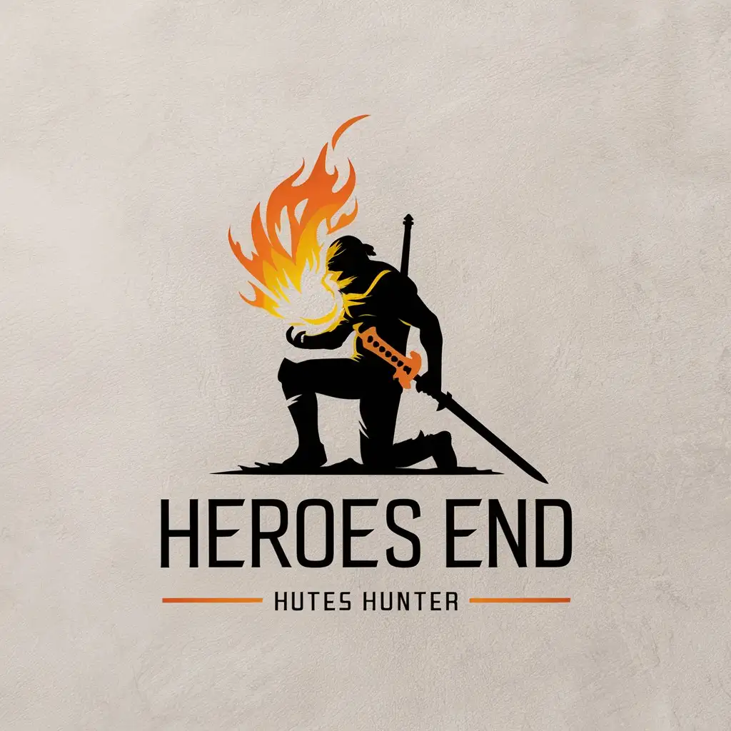 a vector logo design,with the text "Heroes end", main symbol:Monster hunter hero kneels down flame sword,complex,be used in Others industry,clear background