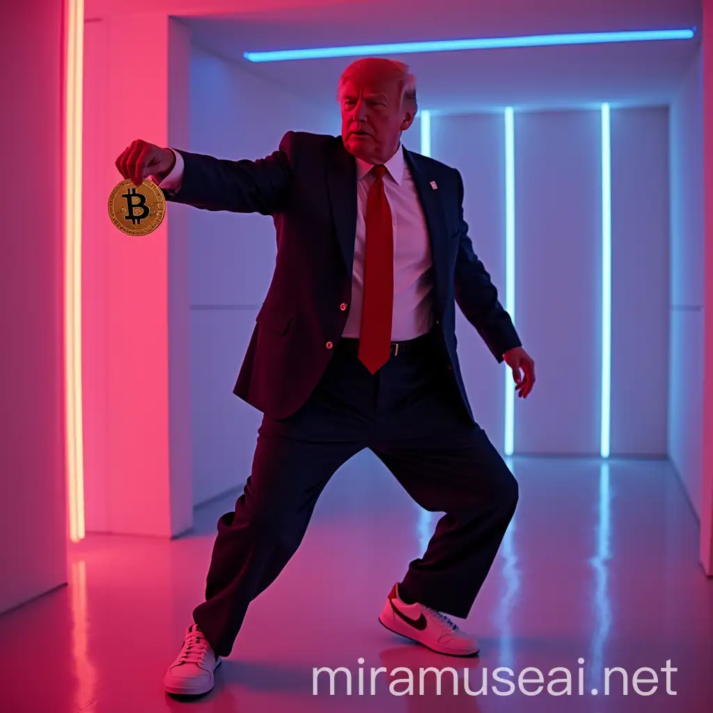 Joyful Donald Trump Dancing with Bitcoin in a Neon Room