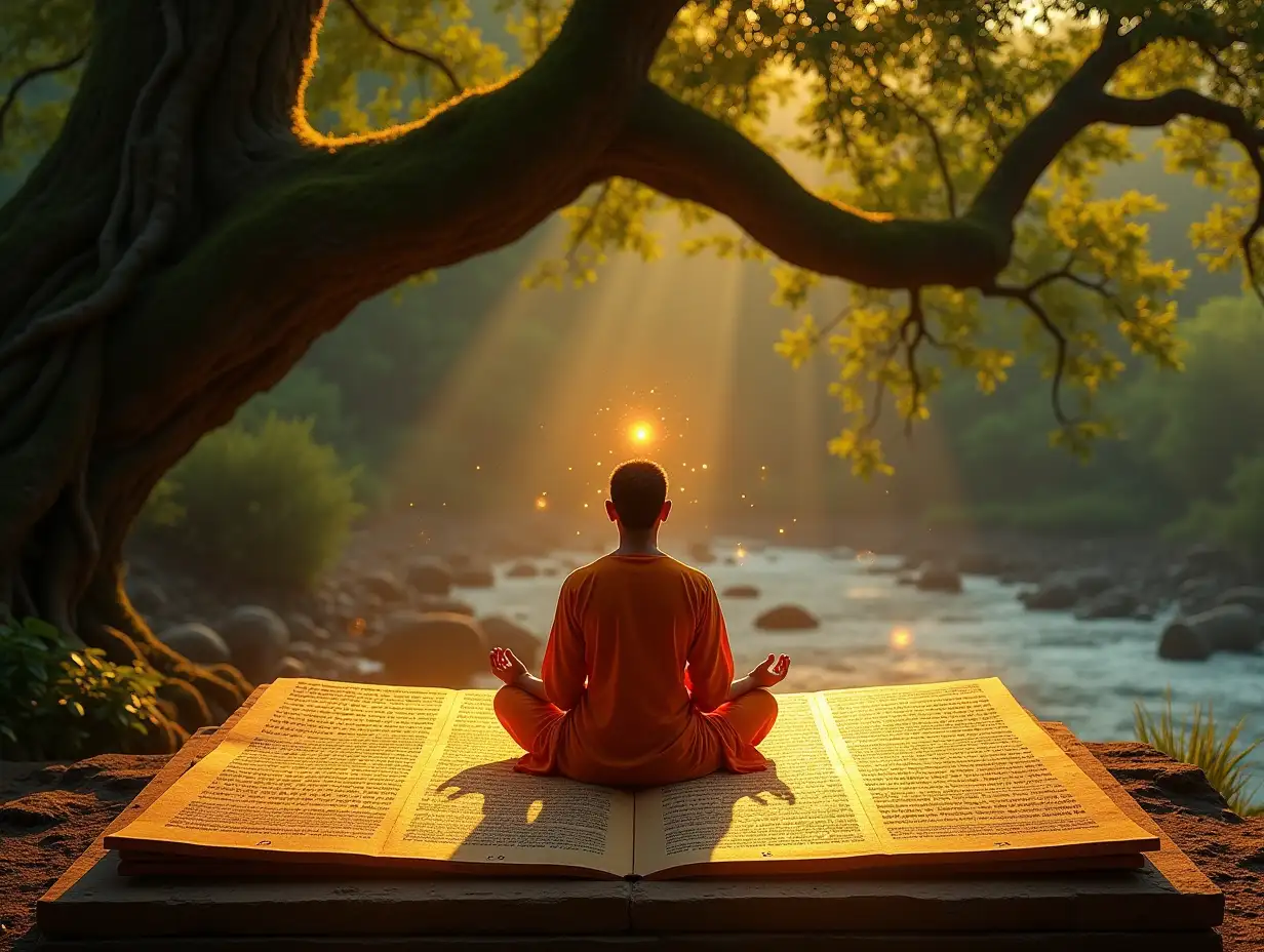 An intricate and serene scene of ancient Indian scriptures arranged on a carved wooden or stone platform, illuminated by soft golden light. A calm yogi is seated in a meditative posture (padmasana) under a majestic banyan tree, wearing traditional saffron robes. The background includes a tranquil natural setting with lush greenery, softly flowing river in the distance, and dappled sunlight filtering through the tree's leaves. The atmosphere is mystical, with faint halos of light around the yogi and glowing Sanskrit verses subtly floating in the air, signifying spiritual energy and wisdom.