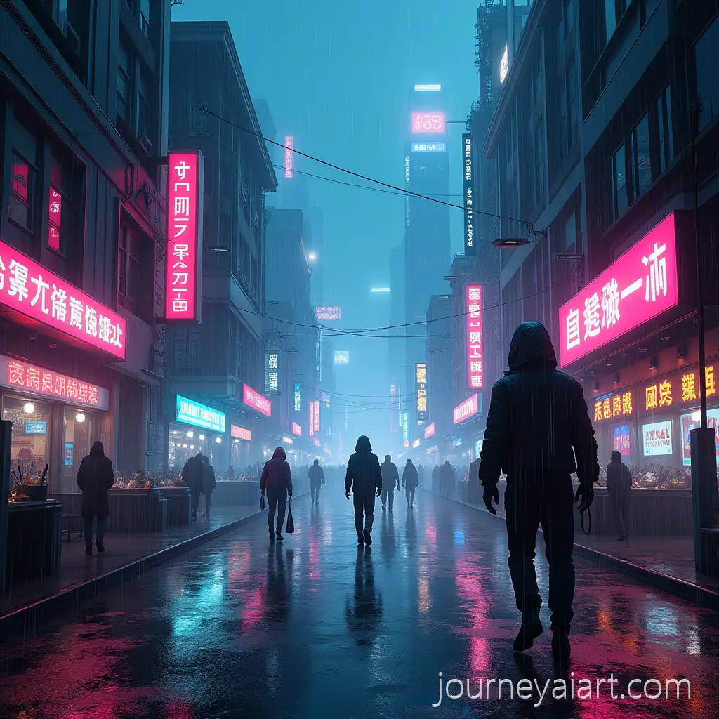 Futuristic-NeonLit-Cyberpunk-Street-with-Androids-and-Holograms-in-Rainy-Cityscape