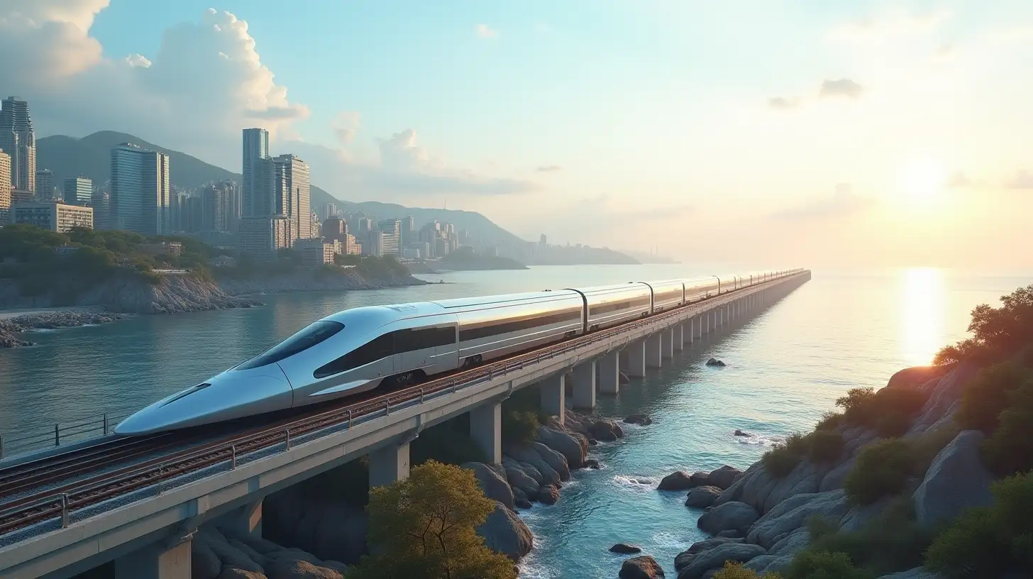 Futuristic HighSpeed Train Gliding Through a Coastal City