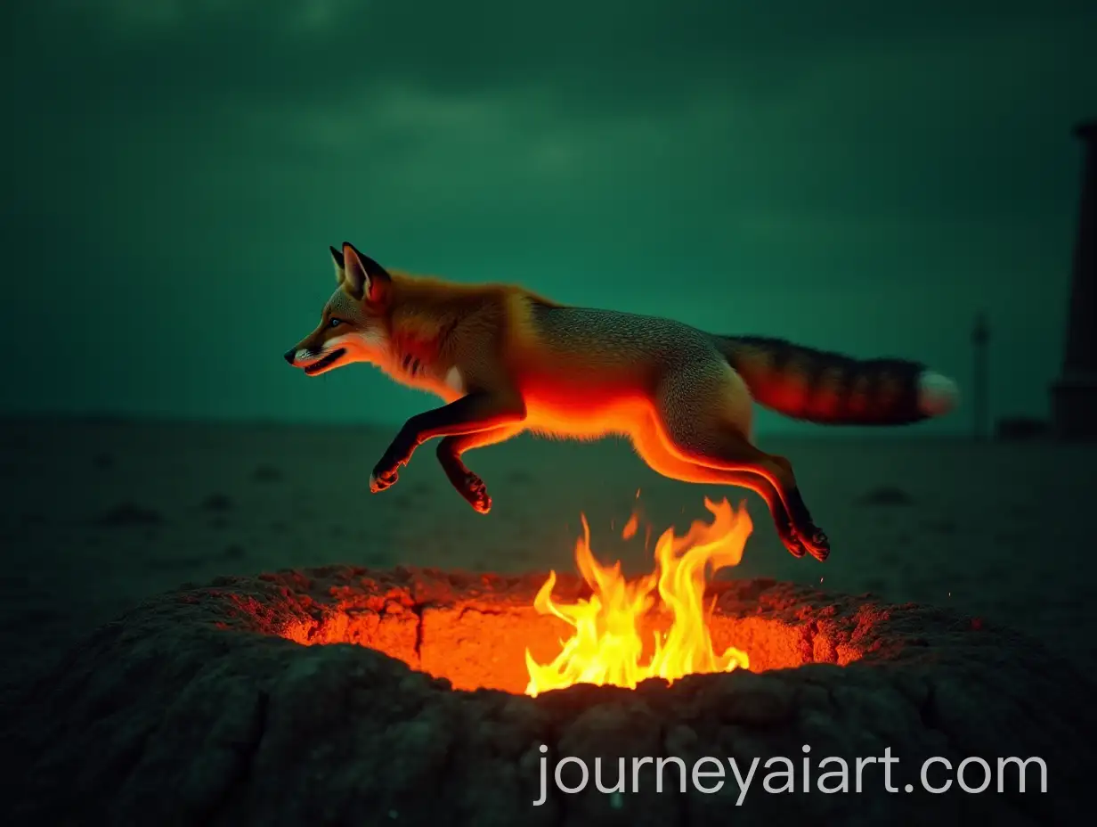 Fox-Jumping-Over-Fire-Pit-Under-Dark-Green-Skies-with-Bold-KEX-Be-Prepared-Text