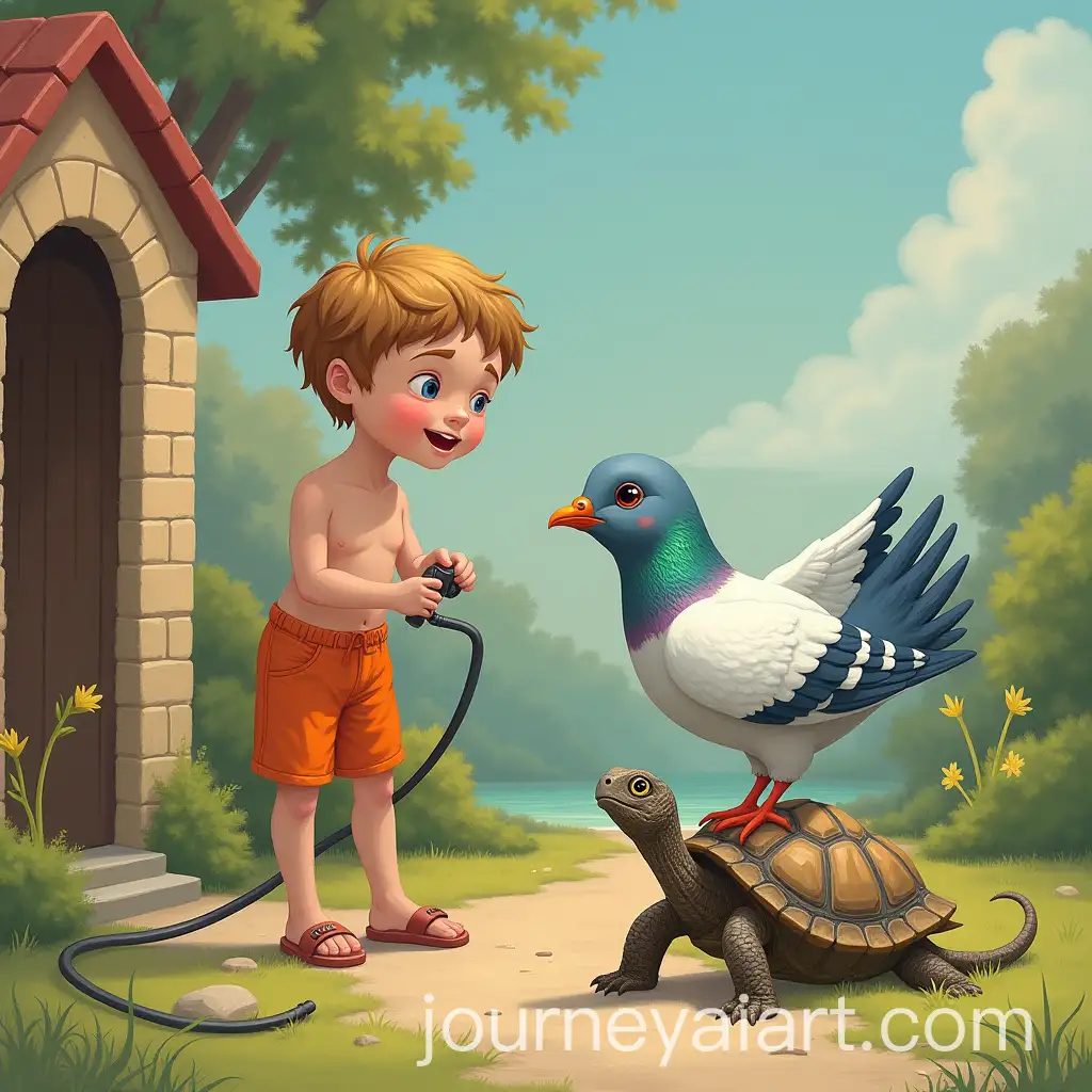 Pigeon-in-Swim-Shorts-Cooking-PigeonAI-Image-Prompt-Expansion-Wings-in-Childs-Playhouse-with-Lizard-and-Tortoise