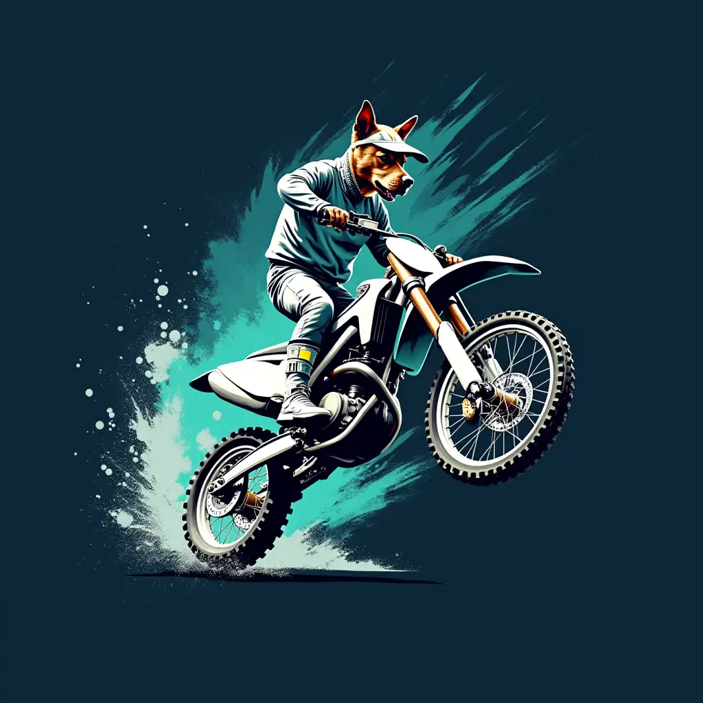 Create a dynamic graphic design on a deep navy background that showcases an exhilarating motocross scene with a dog as the rider. The dog should be depicted in a dynamic mid-air stunt pose, and motocross gear that incorporates a striking color palette of crisp white, sleek gray, and bright light teal. The motocross bike should complement this color palette with its own design, with a harmonious blend of white, teal, and dynamic light yellow, emphasizing the sense of speed and action. Incorporate specific visual elements that convey a powerful sense of motion; use bold lines and dynamic streaks that represent the dirt and air swirling around the bike and rider, illustrating not only the motion, but also the adrenaline rush of motocross stunts. These lines of motion should be designed to radiate outward, creating an immersive effect that draws the viewer’s eye to the central action of the scene. The overall style should adhere to a graphic and stylized aesthetic, intentionally avoiding realistic photographic interpretations. Ensure that the design maintains a balance between bold colors and abstract elements, allowing for visual engagement while avoiding overly intricate details that could detract from the main image. The design should be positioned in the center of the frame, occupying at least 70% of the visual space to ensure a standout against the navy background, while leaving a subtle margin that enhances its visual impact. In summary, the design should encapsulate the thrill and energy of motocross through a unique stylized representation, focusing on the interplay of color, movement, and form, while adhering to the specifications outlined to achieve a cohesive and engaging visual narrative.