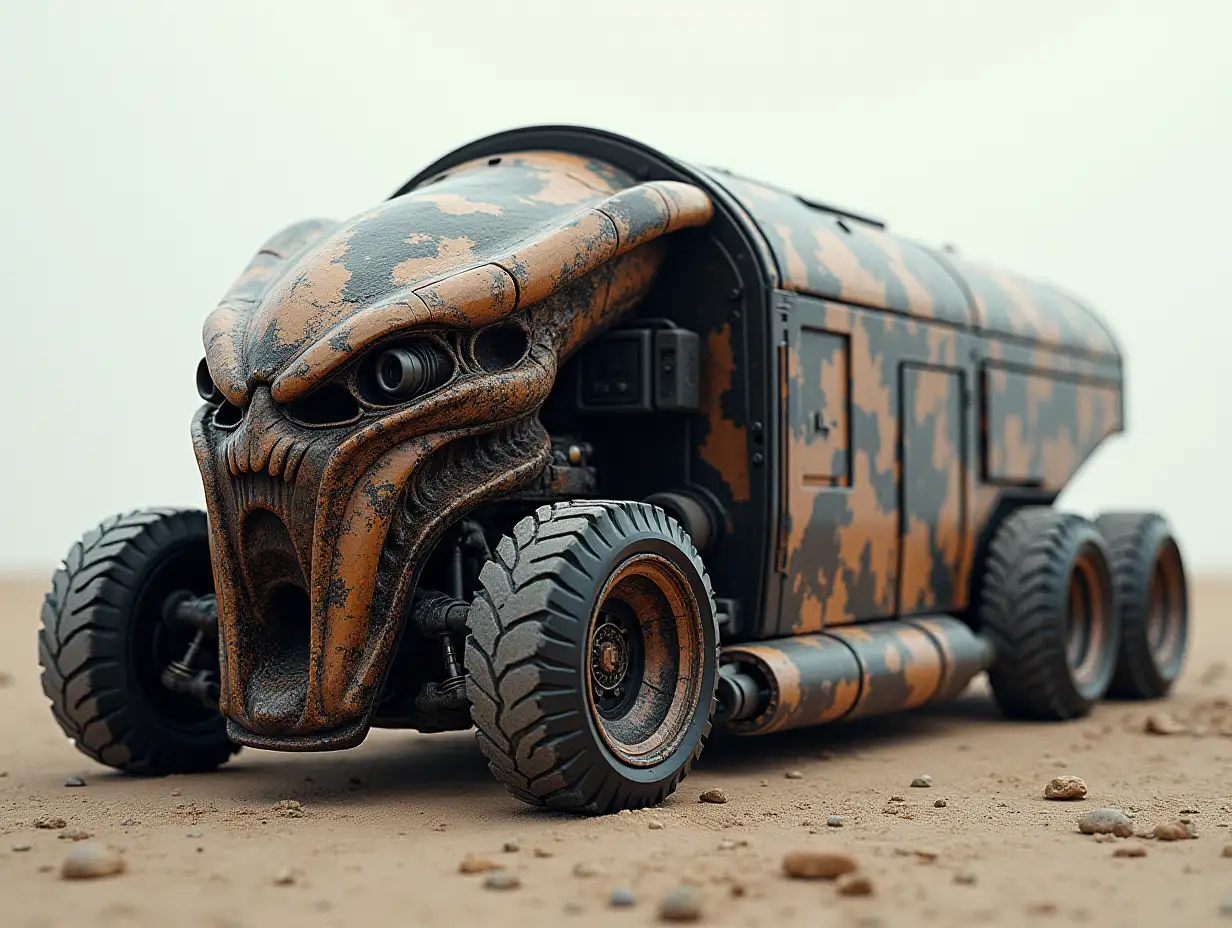 A supermodern utopian sports omnibus with lowered body with Predator skull, aluminum wheels, wide tires,brown and black camouflage pattern, Science-Fiction