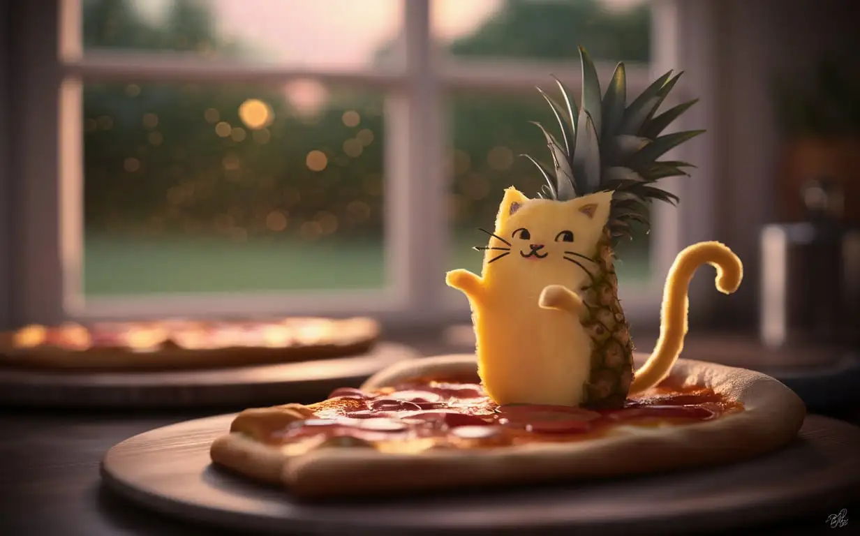 Macro-Photography-of-a-CatShaped-Pineapple-Slice-on-Pizza-in-a-Cozy-Kitchen-with-Golden-Hour-Bokeh