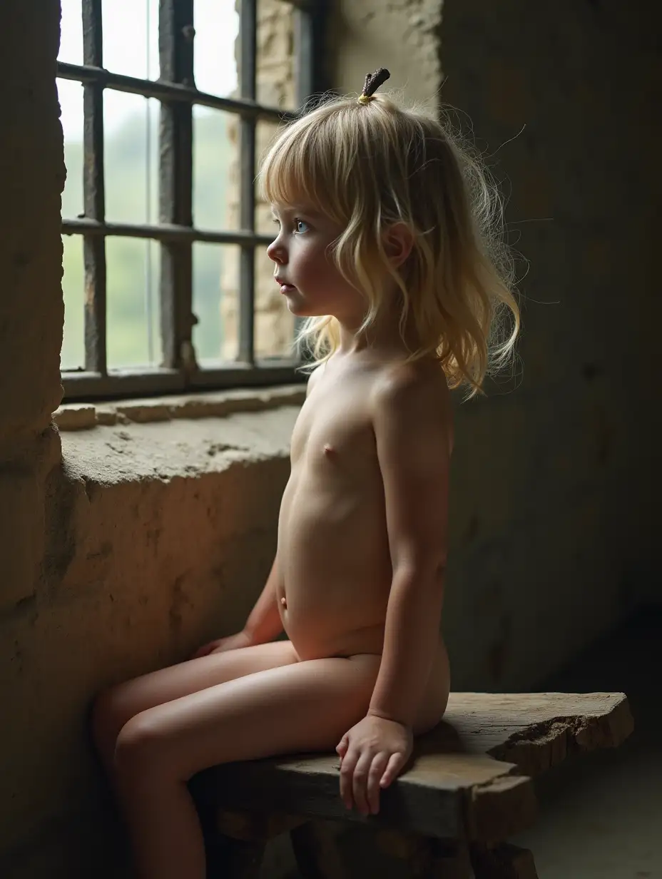 Little-Girl-Sitting-on-Wooden-Sawhorse-in-Stone-Cell-with-Barred-Window