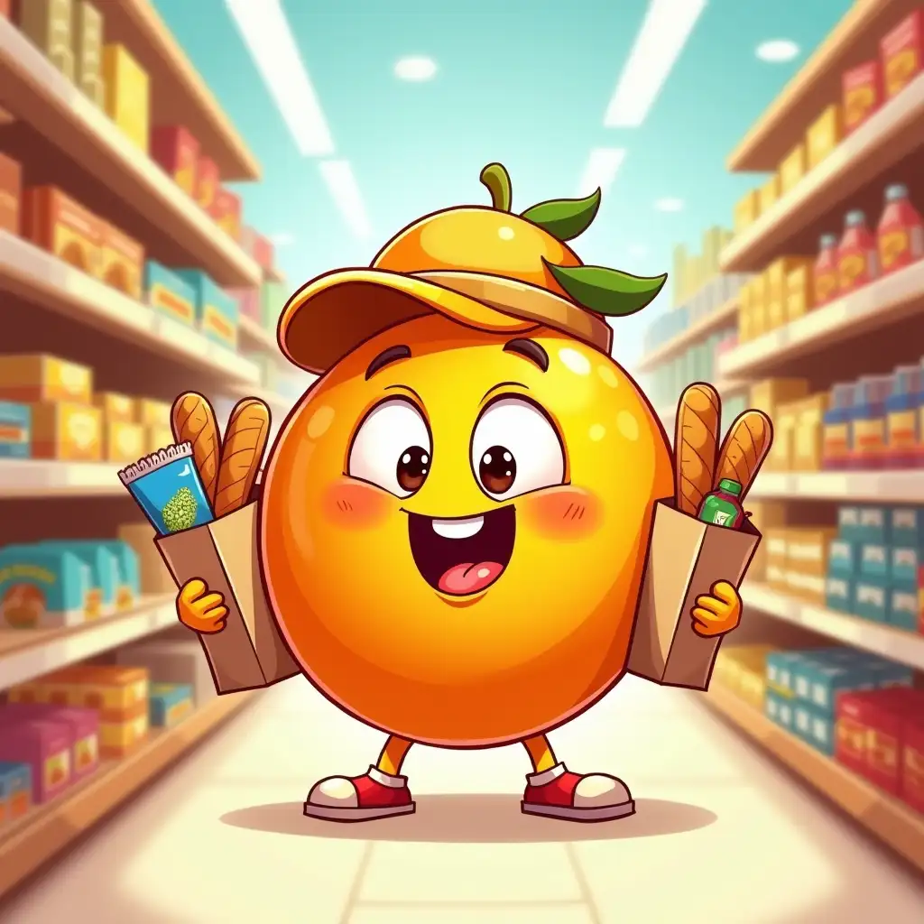 Bright and happy tangerine in a cartoon style with big, expressive eyes and a wide, happy smile. He is wearing a little shopping hat and holding several bags full of products such as bread, cheese and other products. He is surrounded by colorful packaging and stands in a bright and cheerful passageway of the supermarket. The overall scene should convey a feeling of anticipation for the weekend. Style - bright and colorful cartoon drawing.