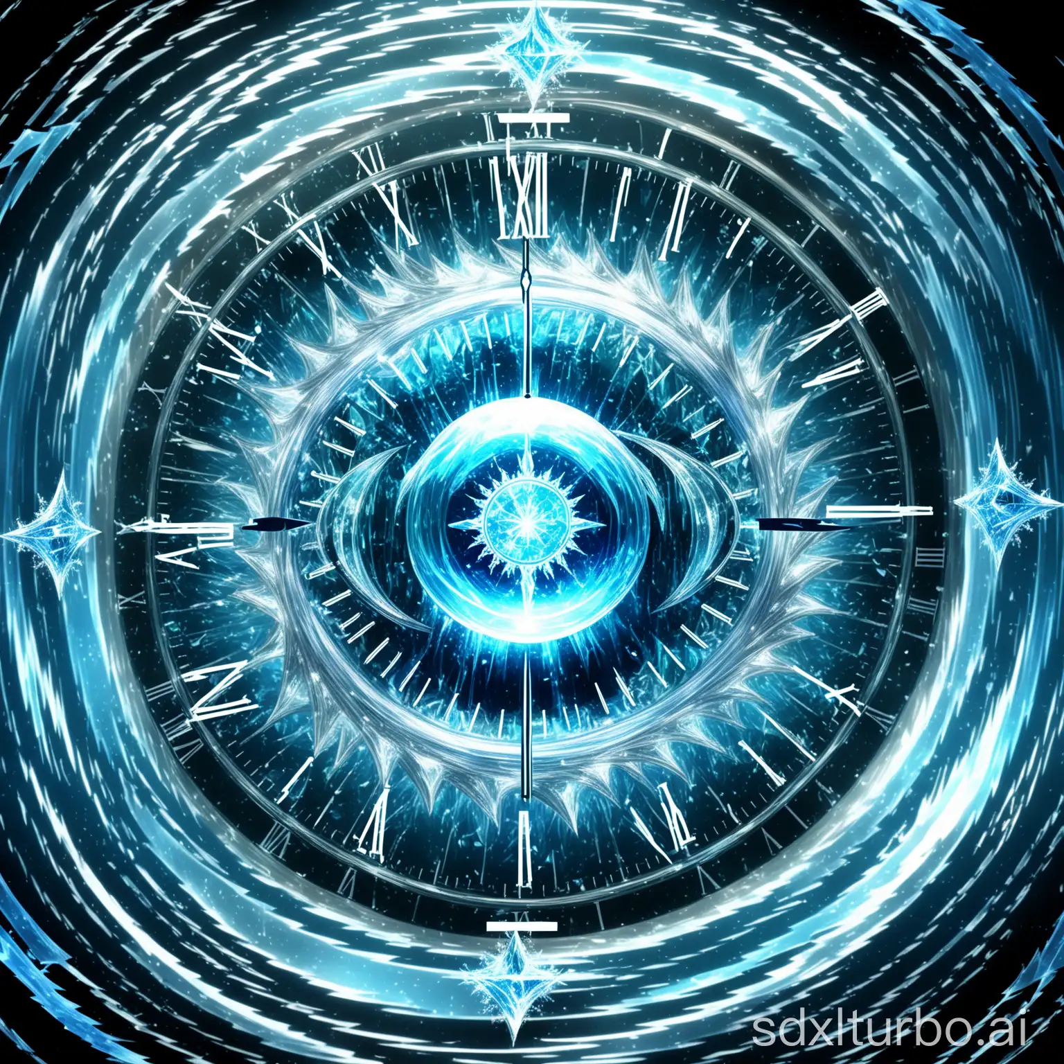 Magical spell icon, figure frozen in blue-tinted time crystal, swirling temporal distortion waves, suspended motion lines, shards of time glass, scattered clock particles, icy fractal shapes, reverse blur effect, cyan time orb at the center, stopped clock hands surrounding the target