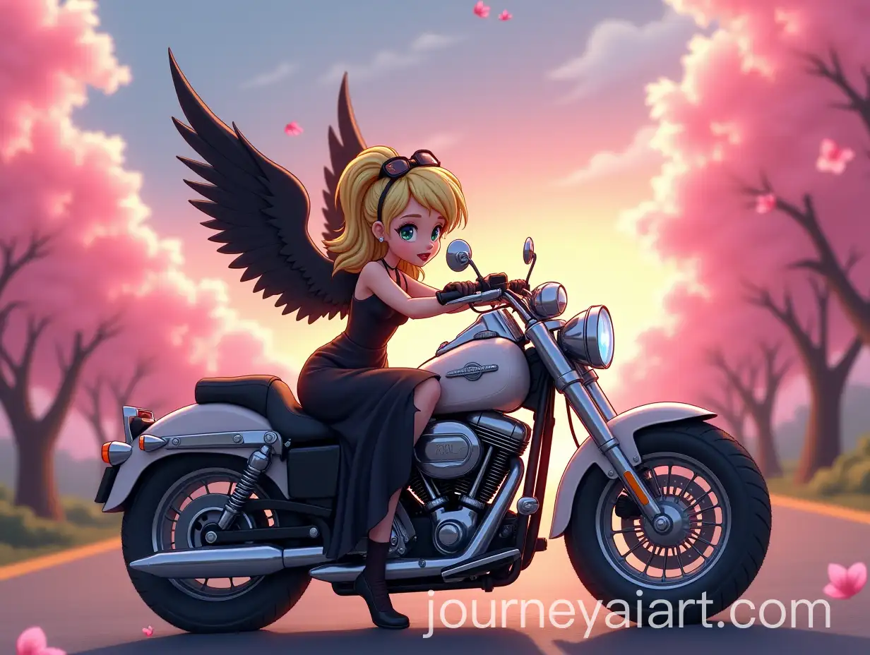 Cartoon-Girl-with-Black-Wings-Riding-White-Motorcycle-Under-Cherry-Trees-at-Dusk