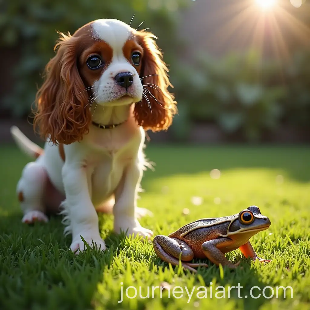 Cavalier-Spaniel-Dog-and-Sunning-Tree-Frog-in-Garden