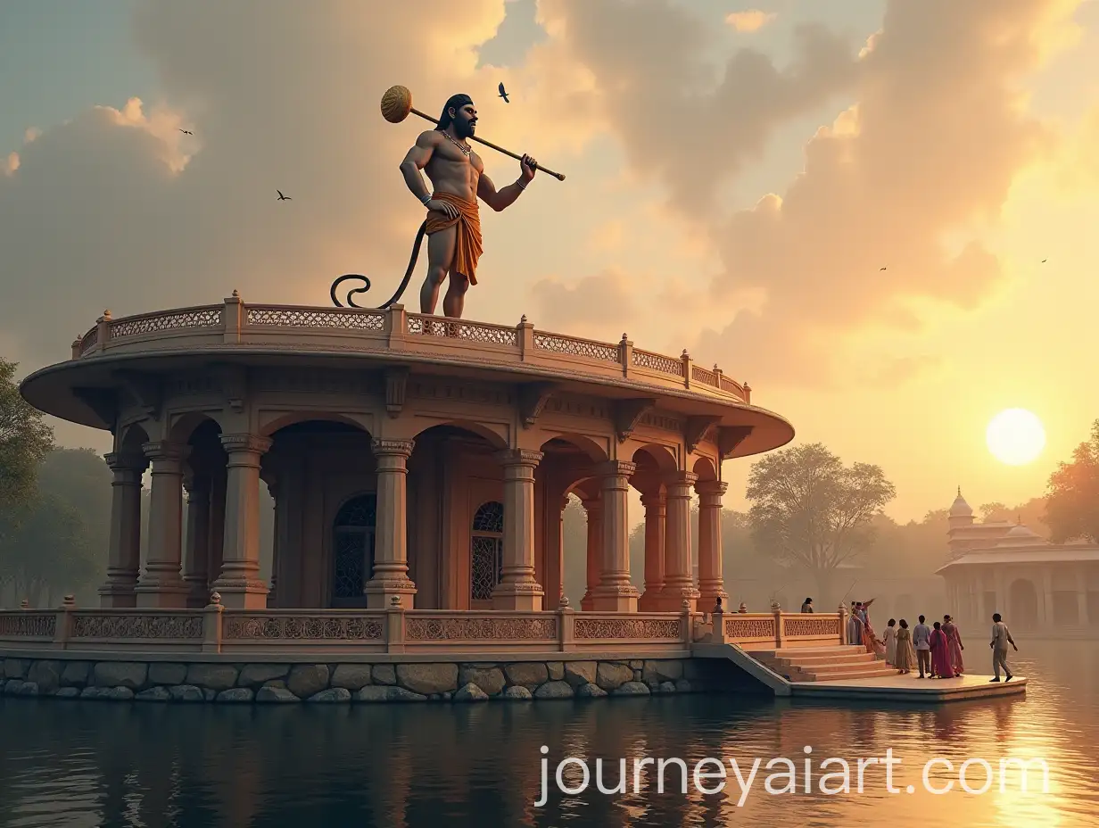 Elliptical-Hall-with-Hindu-God-Hanuman-Statue-on-Island-in-Serene-Lake