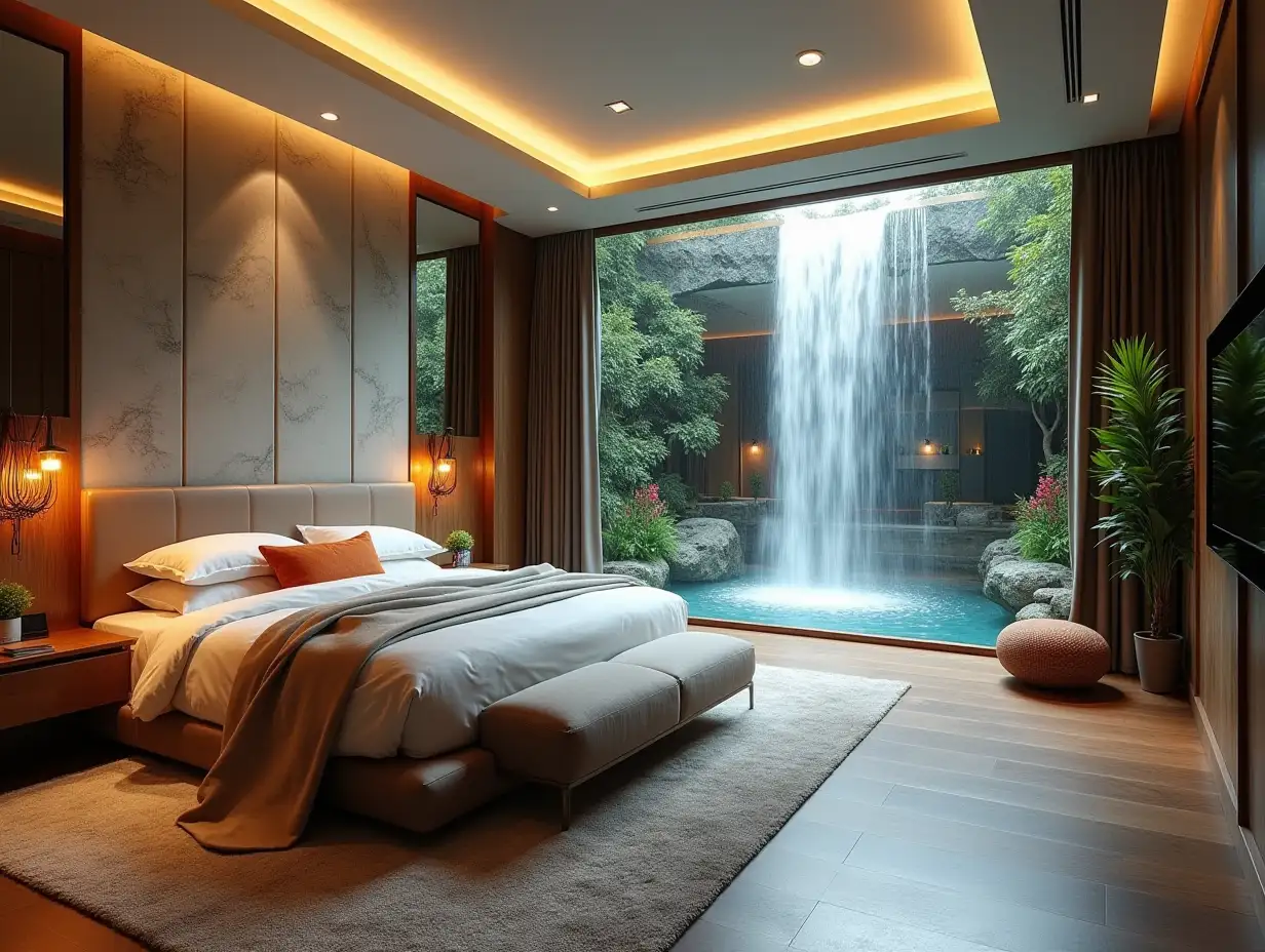 very large modern bedroom with waterfall 180 degree panoramic shots 8K resolution Vibrant