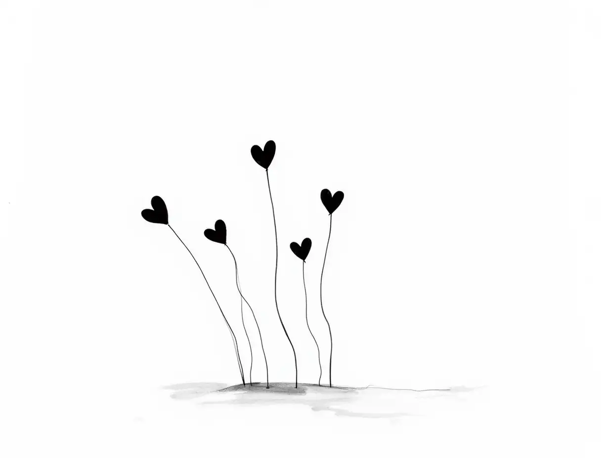 Black and White Rising Hearts Illustration on Blank White Background